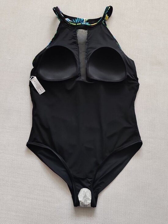 NWOT Tropical Leaf Print Mesh One-Piece Swimsuit - High Neck Cutout XL Black - Picture 9 of 9